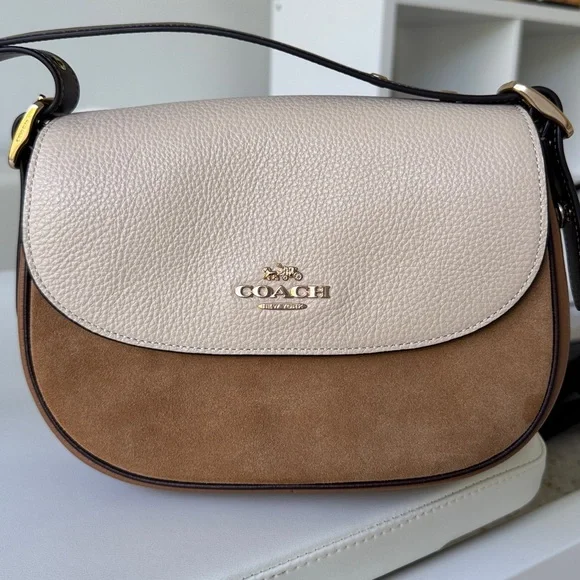 ✨Coach Macie Suede Colorblock Cream and Brown Leather Crossbody Bag - New - Picture 1 of 12
